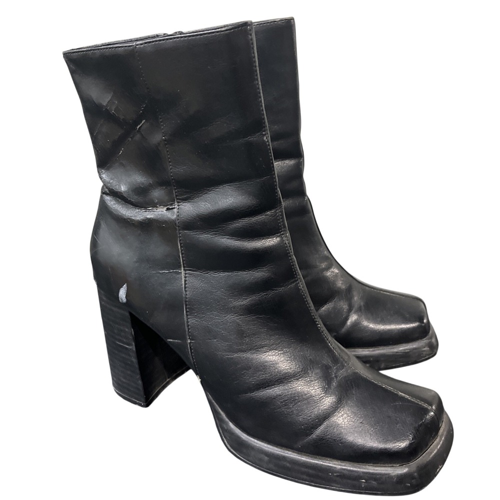 Mid Calf Platform Boots Women Sz 11 Black Square Toe Block Heel 90s Y2K Grunge